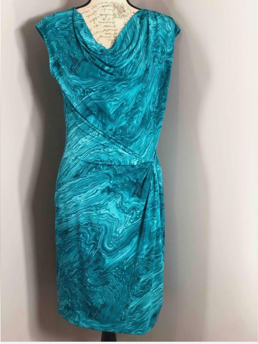 Michael Kors Womens Teal Marble Print Ruched Draped Twist Front Midi Dress PS